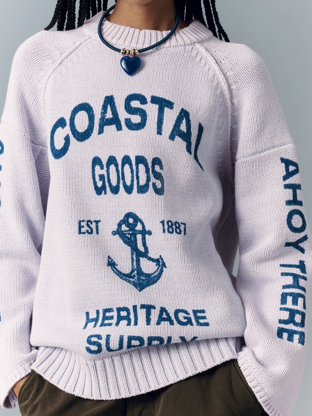 Pilcro Graphic Printed Crew-Neck Sweater Lavender with Nautical Graphic